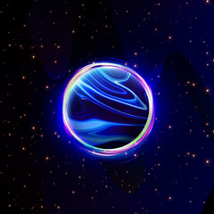 Naklejka premium Surreal background 3d illustration of cosmos planets with liquid digital art texture in dark space with stars and beautiful colors of universe