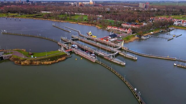 Oranjesluizen sluices in Schellingwoude near Amsterdam controlling the river Ij in The Netherlands.