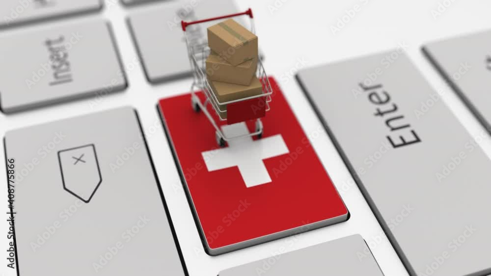 Poster key with flag of switzerland and shopping cart with boxes, looping internet business related 3d anim