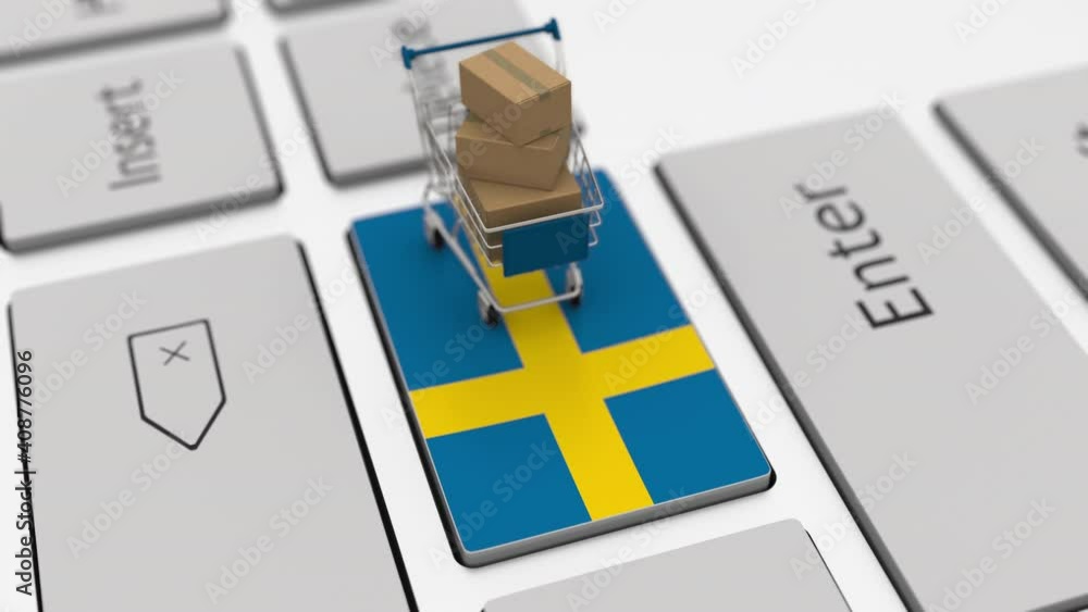Poster keyboard key with flag of sweden and shopping cart with boxes. online shopping related looping 3d an