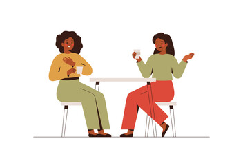 Happy female friends rest in the cafe and talk about something. Two black women spending time together at coffee break. Flat vector illustration isolated on white background - obrazy, fototapety, plakaty