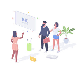 People watching video in 8k resolution isometric vector. Male and female characters gaze in admiration ultra clear images.