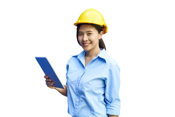 Asian woman smile with safety hat and hold tablet on isolate background