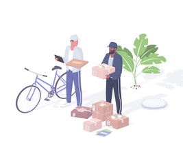 Couriers sort and load parcels realistic isometric. Male characters delivery service workers with tablet and boxes in hands.