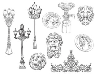 Vector set of decorative architectural elements bas-relief and lanterns