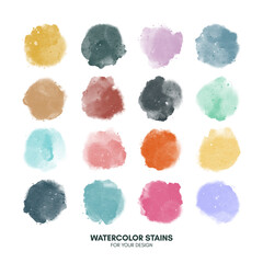 Set of colorful watercolor hand painted round shapes, stains, circles, blobs isolated on white. Illustration for artistic design