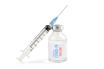 Close up syringe and Covid-19 coronavirus vaccine or vaccine vial on white background isolated with clipping path and full depth of field for your advertising . Healthcare And Medical concept.