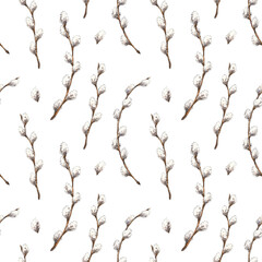 Spring willow branches watercolor botanical seamless pattern. Rowan floral, herbal background for wallpaper, gift wrapping paper, textile design.
