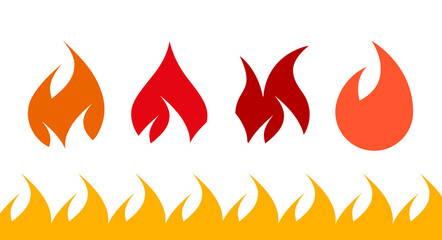Fire flame icon set. Flat vector illustration isolated on white.