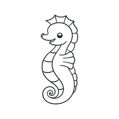 Cute happy seahorse cartoon character outline. Clipart vector illustration. Simple easy coloring book activity page for kids.