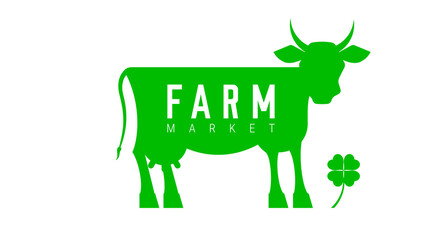 Green farm market emblem. Cow and clover. Flat vector illustration isolated on white.