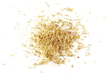 Dried and crushed elder, elderberry plant and flowers isolated on white background, organic texture top view