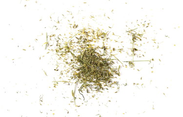 Dried and crushed dill with yellow flowers and petals pile isolated on white background, organic texture top view