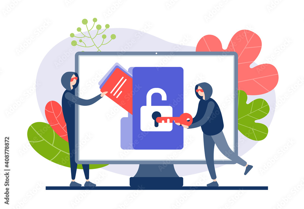 Poster hackers hack and steal web information flat vector illustration. characters in hoods open virtual pr