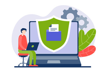 Programmer configures mail spam protection vector flat illustration. Cybersecurity specialist installs virus blocker and firewall on laptop.