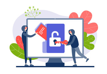 Hackers hack and steal web information flat vector illustration. Characters in hoods open virtual protection take away folder with personal data.