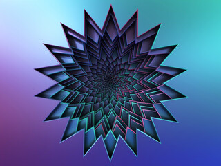 Colorful Hypnotic swirl star shape metal background, blue and purple color. 3d render illustration
