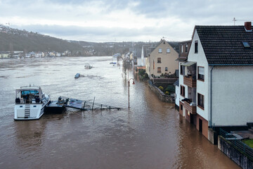 Fototapeta na wymiar Flooding after heavy rainfall in Koblenz. Koblenz is a German city on the banks of the Rhine and of the Moselle, a multi-nation tributary.