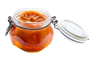 tangerine jam (varenye) in open glass jar cutout on white background