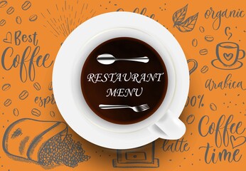 Restaurant menu, cafe design in orange color with porcelain cup and fork and spoon silhouette. Background substrate in a coffee theme. For decoration, design.