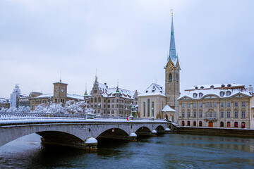 Cityscape of Zurich (Switzerland), River Limmat, Fraumunster Church