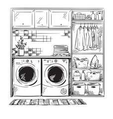 line interior sketch, modern laundry room, black and white drawing