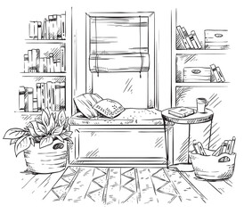 line interior sketch, a cozy window seat with bookshelves on the side, black and white drawing