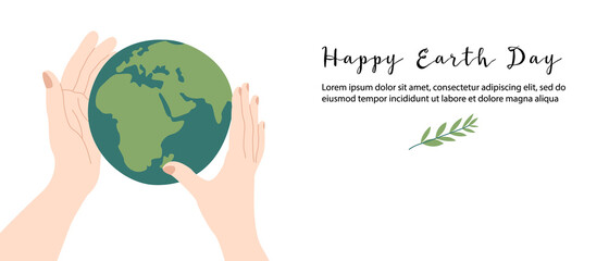 Happy Earth Day, Earth Hour, environment safety celebration. Hands hold our planet gently. Vector flat cartoon illustration. Perfect for landing page, banner design, web