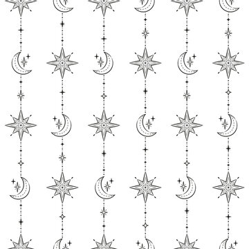 Vector illustration black and white moon, sun and stars seamless pattern in vintage style. Celestial elements isolated on white background.