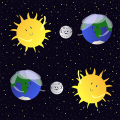 Funny cartoon pattern with sun, earth and moon.