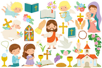 Fototapeta na wymiar Christianity clipart bundle. Various religious symbols and cartoon characters of Jesus, Mary, cute angels and praying kids.