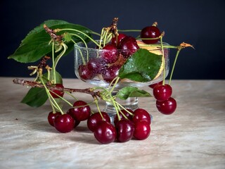 Ripe cherries on twigs with leaves in a vase on a dark background.