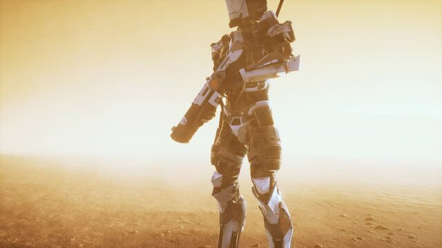 futuristic soldier in desert at sandstorm