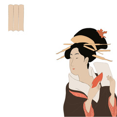Geisha in kimono, woman in japan, traditional ukio-e art style vector illustration. Japanese asian culture, beautiful fashion dress. Geisha with fruit and paper.