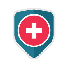 Medical healthcare protection icon concept vector flat cartoon illustration, medicine heath cross plus with shield sign, idea of pharmacy insurance badge, clinical defence or guard symbol isolated