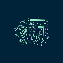 Poster of dental cleaning tools. Hand-drawn in the style of doodle dentistry. Toothbrush, toothpaste and dental floss, teeth. Vector illustration