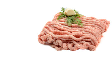 Fresh pork and beef minced meat, garnished with garlic, red pepper and dill.Isolated on a white...