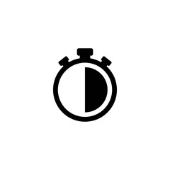 Black stopwatch with 30 minutes, half hour. flat icon isolated on white.