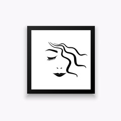 Photo frame with beautiful girl portrait. Vector woman face in minimalistic style.
