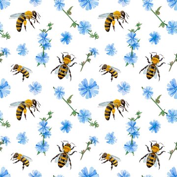 Watercolor pattern with bees and wasps and chicory flowers. Suitable for printing on fabrics and packaging paper. Bright and juicy.