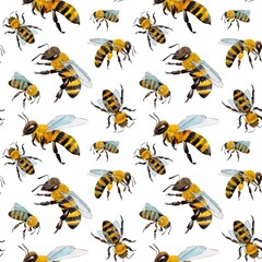 Watercolor pattern with bees and wasps. suitable for printing on fabrics and packaging paper. Bright and juicy.