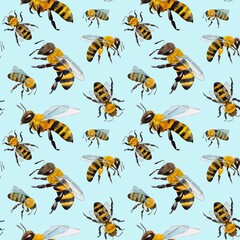 Watercolor pattern with bees and wasps. suitable for printing on fabrics and packaging paper. Bright and juicy.