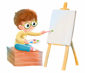 Boy painting on a canvas sitting on a box