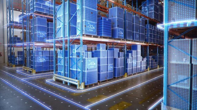 Futuristic Technology Retail Warehouse: Digitalization and Visualization of Industry 4.0 Process that Analyzes Goods, Cardboard Boxes, Products Delivery Infographics in Logistics, Distribution Center