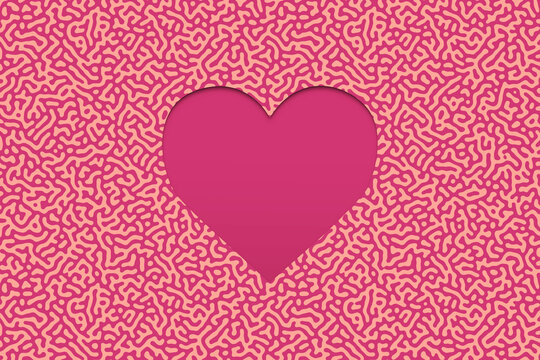 Simple abstract and minimalist reaction diffusion pattern with a heart shape in the middle. Copy Space background in pink tones for valentine's day or romantic celebrations.
