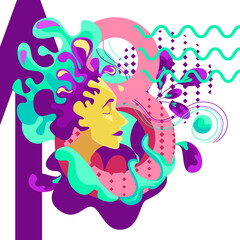modern trend of abstract psychedelics. The image of the face of a bright girl against the background of different figures and doodle. Perfect for prints, T-shirts, corporate identity, packaging,