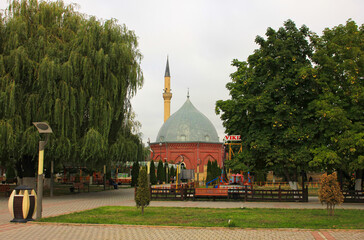 A beautiful red brick mosque.