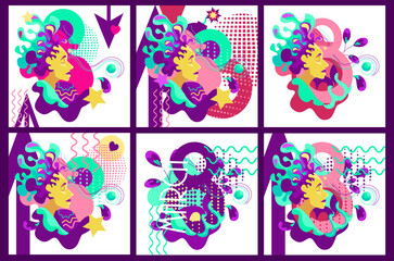 set modern trend of abstract psychedelics. The image of the face of a bright girl against the background of different figures and doodle. Perfect for prints, T-shirts, corporate identity, packaging,
