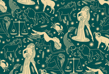 Seamless pattern - signs of the zodiac. Silhouettes of astrological signs of gold color on a background of turquoise color. Magical illustrations of women and animals on the starry sky. © YuHusar