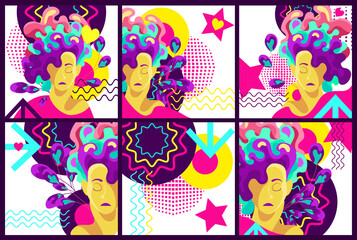 set modern trend of abstract psychedelics. The image of the face of a bright girl against the background of different figures and doodle. Perfect for prints, T-shirts, corporate identity, packaging,